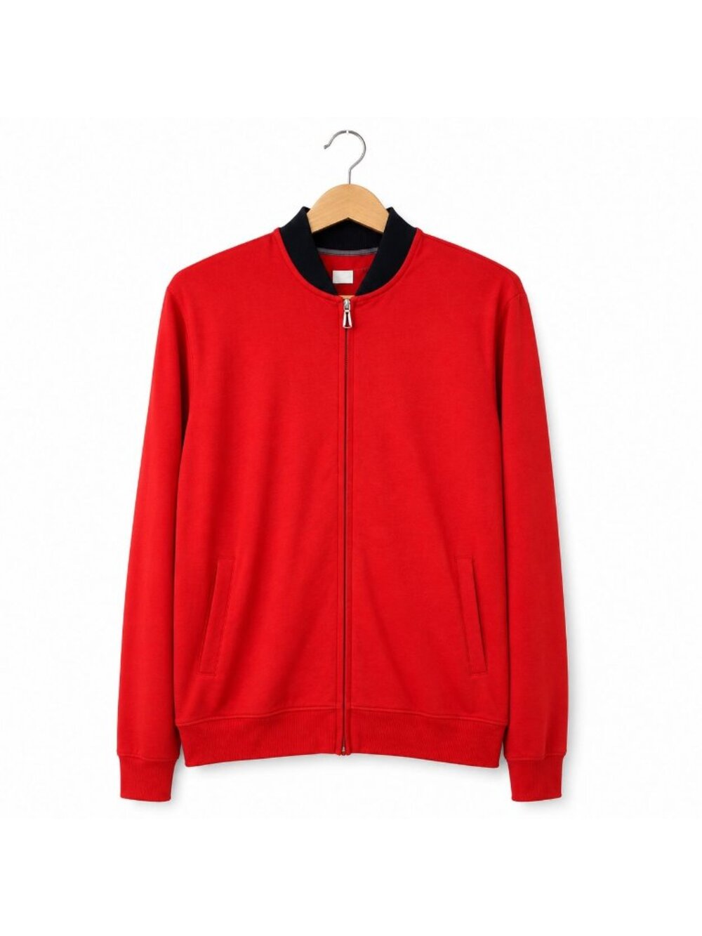 Mens XL Bomber Jacket Red Black Collar Full Zip Lightweight Casual Knit Trim